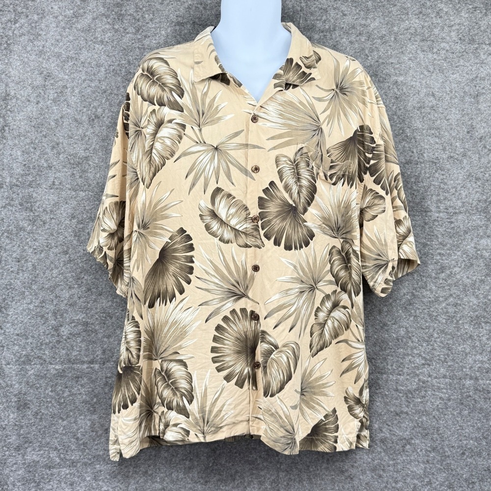 Hilo Hattie Mens Hawaiian Shirt XL Beige‎ & Brown Floral 100% Silk Short Sleeve